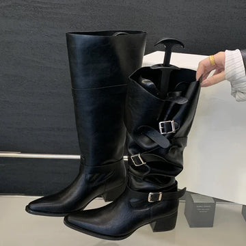 Xajzpa Winter Black Punk Round Toe Knee-High Women Boots Square Heels Buckle Strap Ladies Booties Shoes Zapatillas De Mujer
